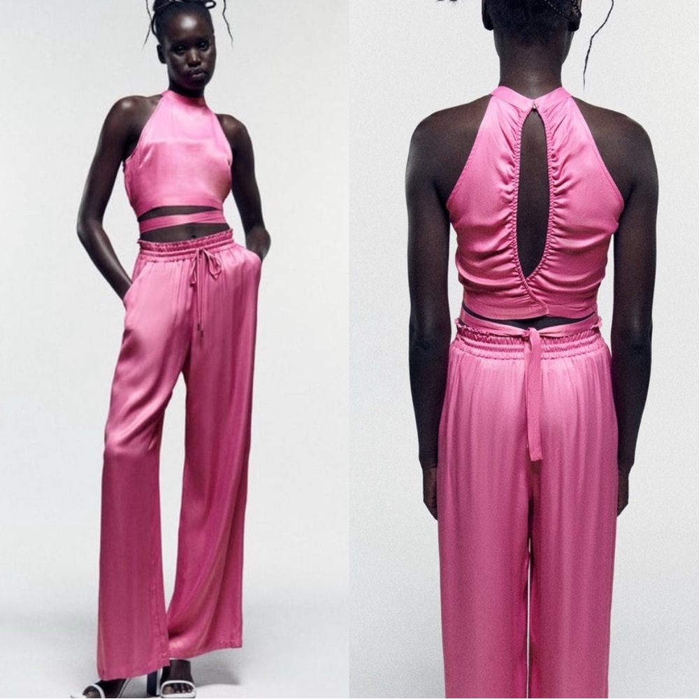 ZARA Satin Halter Crop Top and Drawstring pants in Pink